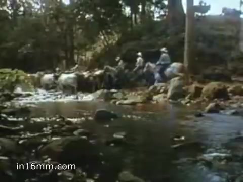 The still from the 1980 Peace Corps Public Service Announcement features a serene outdoor scene near a stream, where individuals are seen on horseback traversing a rocky terrain. The lush greenery in the background hints at a rural setting, capturing the spirit of adventure and community associated with the Peace Corps. The message, 'The toughest job you'll ever love,' reflects the dedication and fulfillment found in volunteer service.