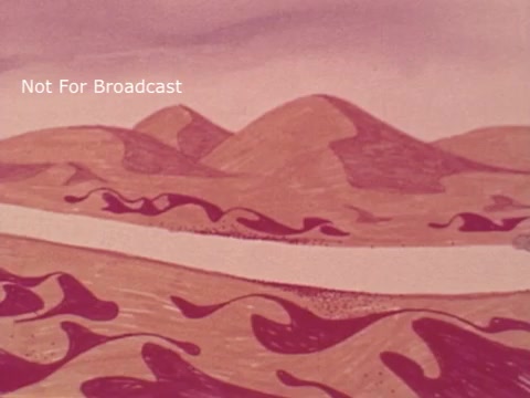 The still features a stylized, animated landscape with soft, rolling hills and wavy terrain, rendered in warm tones of pinks, browns, and purples. A river winds gently through the scene, contributing to the whimsical, illustrative style typical of 1970s animation. The image reflects the colorful and simplistic aesthetic of the era, likely aimed at capturing children's attention in the context of a school lunch public service announcement.