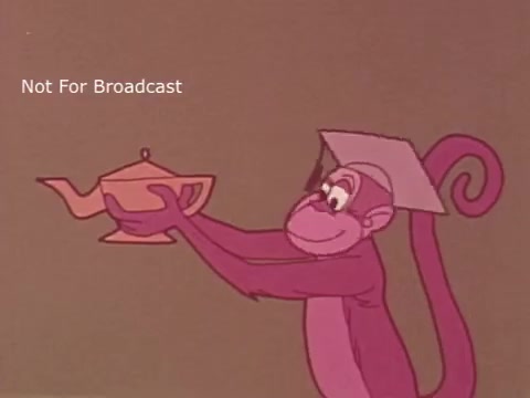 The still shows an animated monkey character wearing a graduation cap, proudly holding a teapot. The background is simple and muted, highlighting the character. This image is from a 1970s school lunch PSA titled 'You are what you eat,' emphasizing the importance of healthy eating. The overall tone is playful and educational.