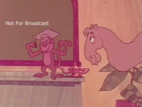 The still depicts two animated characters, likely representing food or health themes. One character, a small monkey wearing a graduation cap, is flexing its arms, suggesting strength or pride, while the other character, resembling a worm or slug, appears more passive or surprised. The background features simple, colorful designs typical of 1970s animation. The overall tone is playful, emphasizing the educational theme of nutrition and healthy eating.