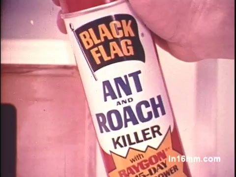 The still features a prominently labeled can of 'Black Flag Ant and Roach Killer.' The design includes bold colors, with the brand name in large letters at the top. It emphasizes its effectiveness against pests, mentioning 'Raycon' and 'fast-acting power.' The hand holding the can suggests human interaction, likely in the context of pest control. The overall aesthetic reflects the advertising style of the era.