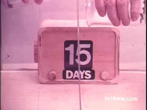 The still features a wooden box prominently displaying '15 DAYS.' A hand appears to pour liquid from a bottle into the box, suggesting a demonstration of effectiveness or a timed claim related to Black Flag bug spray. The visual style reflects the era of the 16mm print, likely with a vintage aesthetic.
