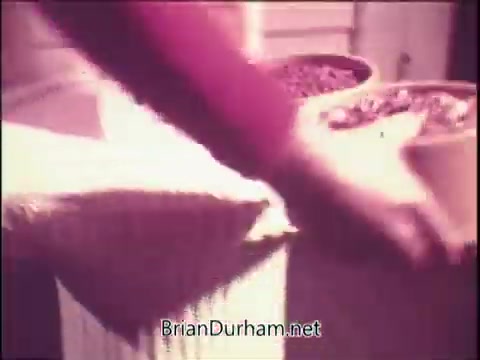 The still captures a moment from a 1970s Gaines Meal Dog Food commercial, showing a person placing dog food into two bowls. The scene likely emphasizes care in feeding pets, typical of pet food advertisements from that era. The soft color palette and nostalgic quality reflect the visual style of the time.
