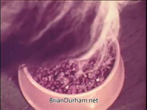 The still features a close-up of a dog eating from a bowl of Gaines Meal dog food. The dog is shown with its head bent down, focused on the kibble in a simple metal or plastic bowl. The image evokes a sense of warmth and care, highlighting the dog's enjoyment of the food. The color tones suggest a vintage aesthetic characteristic of 1970s advertising.