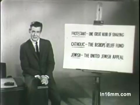 The still features Robert Ryan seated beside a chalkboard. The board lists three religious organizations related to humanitarian aid: 'Protestant - One Great Hour of Sharing,' 'Catholic - The Bishop's Relief Fund,' and 'Jewish - The United Jewish Appeal.' Ryan appears earnest, addressing the audience to promote the Spring Campaign for Religious Overseas Aid in 1966. The setting is simple, emphasizing the message of cooperation among different faiths for charitable work.