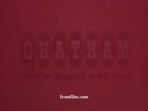The still from the 'Chatham Supermarket Commercials' features a faded logo of 'CHATHAM' with the tagline 'We're honest with you.' The visual suggests a focus on fresh produce and grocery shopping, with titles indicating themes of apples, bananas, carts, comparisons, coupons, fresh cuts, meats, potatoes, and steak. The 16mm format gives it a nostalgic, vintage feel.