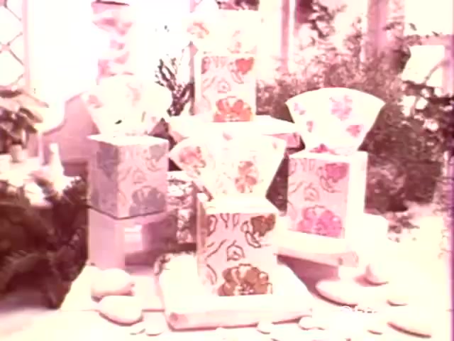 The 16mm still features an aesthetic display of Kleenex Boutique Tissues, specifically the 'Wildflower' variant from the 1970s. The presentation includes several decorated tissue boxes arranged artistically amidst soft decor, such as pebbles and greenery, creating an inviting and vibrant atmosphere. The floral designs on the boxes emphasize the product's appeal to a stylish market. The color palette is soft and pastel, reflecting the design trends of the era.