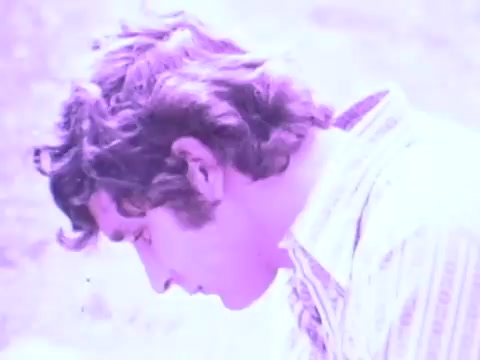 The still from the Gaines Burgers dog food commercial features a young man with curly hair, gazing downwards. The image has a vintage aesthetic typical of the 1970s, possibly showing a warm outdoor setting. The overall tone may evoke feelings of nostalgia and simplicity, aligning with the era's advertising style. The focus on the man suggests a personal connection, likely emphasizing the relationship between pet owners and their dogs, which was a common theme in pet food commercials of that time.