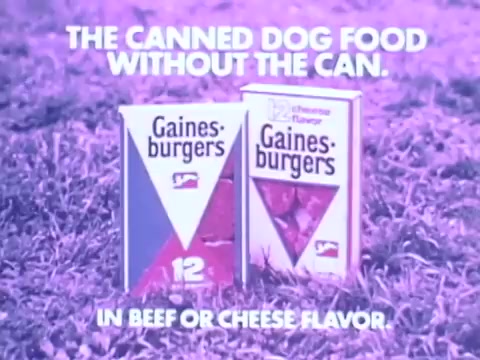 The still features two boxes of Gaines-Burgers dog food prominently displayed against a grassy background. The packaging is designed with bold colors and shapes, highlighting the product as a unique alternative to canned dog food. The text reads, 'THE CANNED DOG FOOD WITHOUT THE CAN,' emphasizing its convenience. Below, it notes the flavors, 'IN BEEF OR CHEESE FLAVOR,' suggesting enticing options for pet owners. The overall aesthetic evokes a playful and friendly vibe typical of 1970s advertising.