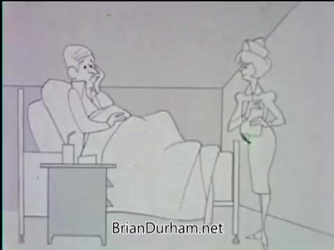 The still features a simple, animated scene depicting a patient lying in a hospital bed, looking concerned. A nurse stands beside the bed, offering support or information. The setting is minimalistic, with basic outlines and a focus on the interaction between the patient and nurse, emphasizing the importance of healthcare and professional support in a hospital environment. This aligns with the theme of health careers as promoted by the American Hospital Association in 1968.