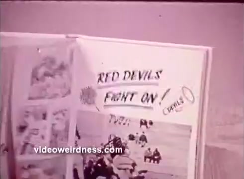 The 16mm still from the 'Hearing PSA' shows an open scrapbook or album. The page features the title 'RED DEVILS FIGHT ON!' with some drawings and photographs, likely commemorating a team or event. The overall tone appears nostalgic, possibly connecting the message of the PSA to themes of community and support.