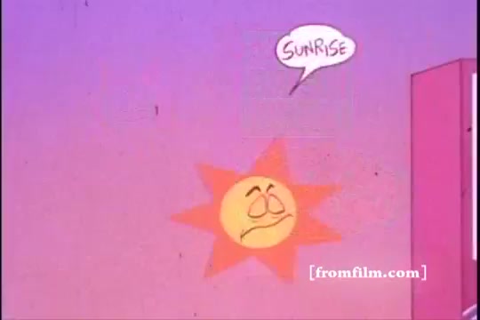 The still depicts a cartoon sun with a slightly sad expression against a pastel gradient sky. The sun is speaking, with a speech bubble that says 'SUNRISE.' The background hints at a morning scene, fitting the theme of a breakfast cereal commercial. The overall aesthetic is colorful and playful, characteristic of 1970s animation.