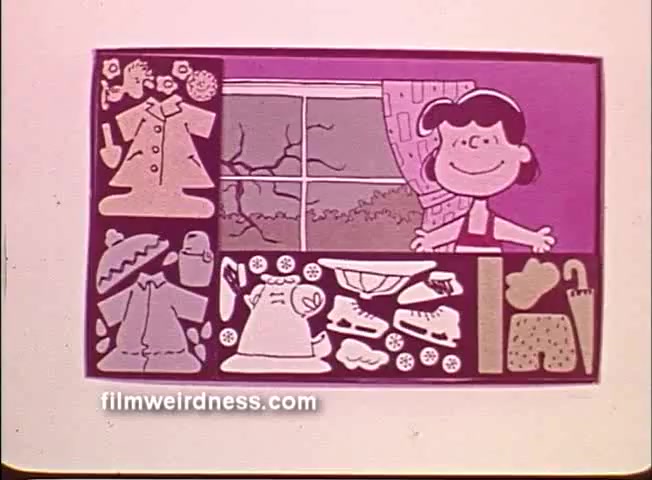 The still from 'How's The Weather, Lucy - Colorforms Peanuts' features a cheerful Lucy standing by a window with a cracked view of the outside. Surrounding her are colorful cut-out shapes representing different clothing items and accessories, suggesting a playful exploration of weather and attire. The vibrant colors and whimsical design align with the fun and imaginative nature of the Colorforms series.