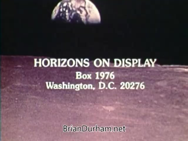 The still features a view of Earth, partially visible, from the lunar surface. Prominently displayed are the titles 'HORIZONS ON DISPLAY' along with 'Box 1976' and 'Washington, D.C. 20276,' indicating a public service announcement related to the 1976 Bicentennial. The overall composition evokes themes of exploration and reflection, fitting for the era.