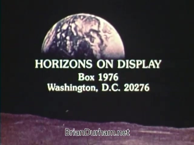 The still features the text 'HORIZONS ON DISPLAY' prominently displayed against a backdrop of Earth as seen from space. Below the title, additional details specify 'Box 1976' and 'Washington, D.C. 20276.' The image's colors and composition suggest a connection to the Bicentennial celebrations in 1976, emphasizing exploration and national pride.