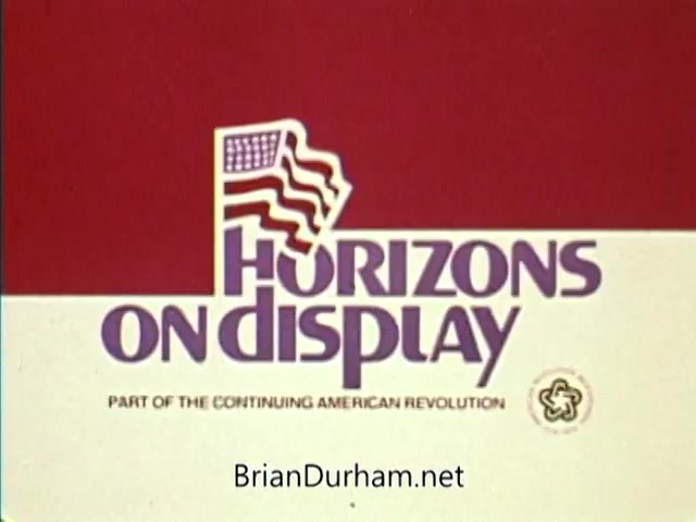 The still features a graphic title 'HORIZONS ON DISPLAY' prominently displayed with a stylized American flag incorporated into the design. The color scheme includes red, white, and purple, reflecting patriotic themes. The tagline reads 'PART OF THE CONTINUING AMERICAN REVOLUTION,' emphasizing its connection to the 1976 Bicentennial celebrations in the United States. The design is simple yet evocative of the era's spirit.