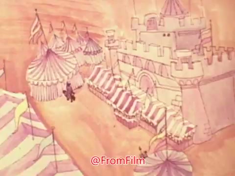 The still depicts a whimsical carnival or fair scene, featuring a castle and striped tents. The pastel color palette adds a dreamy quality, with a sense of fun and nostalgia typical of commercials aimed at evoking cheerful imagery connected to the Hostess Ding Dong snack. The setting suggests a fantastical atmosphere, inviting viewers to enjoy the lighthearted festivities associated with the product.