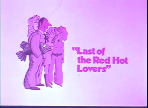 The still features a stylized illustration of four characters, including a central figure holding flowers. The background is a light pink hue, and the title 'Last of the Red Hot Lovers' is prominently displayed in a bold, purple font. The design reflects a playful and vibrant aesthetic typical of the era.