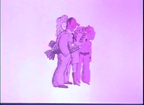 The still from the trailer of 'Last of the Red Hot Lovers' features stylized, cartoonish characters in a playful pose against a simple, purple background. The central figure appears to be a man, flanked by three women, evoking comedic and romantic themes. The design suggests a whimsical approach typical of the film’s lighthearted narrative.