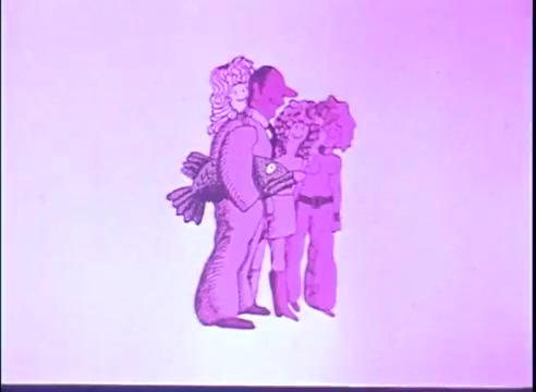 The still from the 'Last of the Red Hot Lovers' trailer features a stylized, cartoonish illustration of a man interacting with three women. The imagery is rendered in a vibrant purple hue, creating a playful and whimsical atmosphere. The characters exhibit exaggerated features, emphasizing humor and lightheartedness typical of the film's comedic tone. The visual suggests a focus on romantic entanglements.