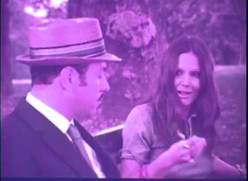 The still from the trailer of 'Last of the Red Hot Lovers' features a man in a hat, dressed in a suit, engaging in a conversation with a woman. She appears animated and expressive, gesturing as she speaks. The scene is set outdoors, with trees in the background. The color palette has a purple tint, suggesting an older film print.
