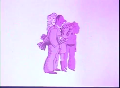 The 16mm still from the trailer of 'Last of the Red Hot Lovers' features a stylized, cartoon-like illustration of several characters. One central figure, a man in a suit, appears to be embracing two women, both with distinctive hairstyles. The overall color palette is dominated by shades of purple, giving the image a whimsical and exaggerated appearance, fitting the comedic tone of the film. The characters convey a sense of romantic entanglement and humor typical of the storyline.