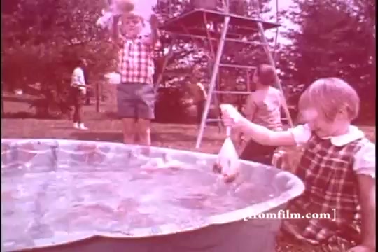 The still features a playful outdoor scene from the 1970s, showcasing children engaged in fun activities around a small inflatable pool. One child, wearing a plaid shirt and shorts, is joyfully lifting something into the air, while another, a girl in a checkered dress, is holding a food storage bag, possibly experimenting at the pool's edge. The colors are vibrant, typical of vintage film, and the setting is a sunny backyard, conveying a carefree, nostalgic vibe associated with childhood in that era.