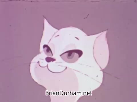 The still from the American Veterinary Medical Association PSA depicts a cartoon cat with a playful expression. Its fur is predominantly white, with features like large, expressive eyes and a smirking mouth giving it a charming personality. The background appears to have a soft pink tone, enhancing the whimsical nature of the illustration. The voice-over suggests a message about the care or needs of cats, emphasizing a concise, perhaps humorous delivery. The overall aesthetic is reminiscent of vintage animated PSAs, aimed at engaging pet owners with light-hearted visuals.
