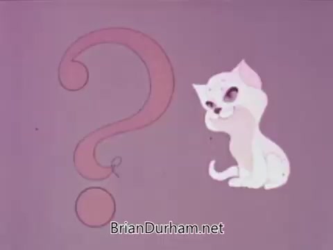 The still features a playful cartoon cat sitting next to a large question mark, set against a soft purple background. The cat has a whimsical expression, enhancing the light-hearted tone of the Public Service Announcement from the American Veterinary Medical Association. The voice-over hints at the intriguing concept of 'nine lives,' suggesting the need to consider what minimal care or requirements are necessary for cats. The overall aesthetic is colorful and inviting, typical of educational animations aimed at promoting awareness about pet care.