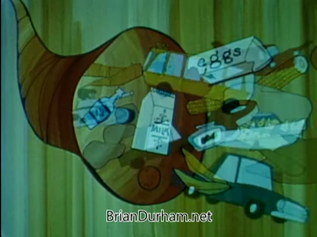 The 16mm still from the 'American Chiropractic Association PSA - 1967' features an animated scene showcasing various food items and a vehicle inside a horn-shaped design. Items like bottles of milk, eggs, and a car are depicted in a whimsical, colorful illustration. The background has a wooden texture, contributing to a vibrant and playful atmosphere typical of public service announcements from that era, likely aimed at promoting health and wellness, particularly through chiropractic care.