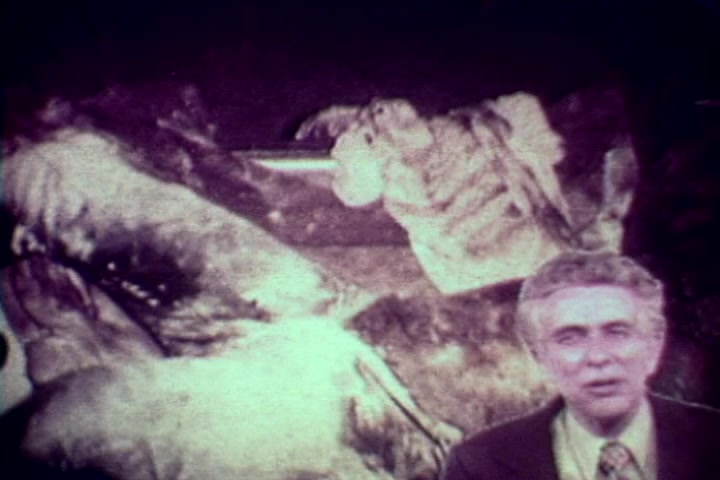 The still from 'Drug Abuse: Some Comments from the Morgue' features Tillman Hahn in the foreground, addressing the audience with a serious demeanor. In the background, there are stark and disturbing images portraying the aftermath of drug abuse, likely intended to convey the grim realities associated with addiction. The overall tone is somber, aiming to highlight the dangers of drug use through visceral imagery. The film's 16mm format contributes to its vintage, gritty aesthetic typical of the 1970s anti-drug movement.