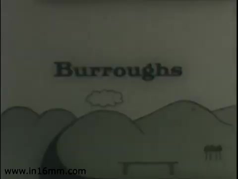 The still features a stylized, simple landscape with rolling hills and a tree, alongside the bold text 'Burroughs.' The aesthetic suggests a retro, animated look typical of commercials from the late 1960s. The overall design emphasizes a clean and approachable branding for Burroughs Business Machines, indicative of the era's advertising style.