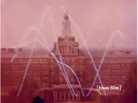 The still from the 1967 Bell System film depicts an iconic building, possibly a telecommunications facility, against a backdrop of oscillating waveforms. The overlay of these waveforms suggests a focus on data transmission and signal processing, indicative of the film's theme on preventing data transmission errors. The scene appears slightly altered due to a lab defect, giving it a unique, abstract quality. The silent format allows for a visual emphasis on the technologies being showcased, such as computers and modems.