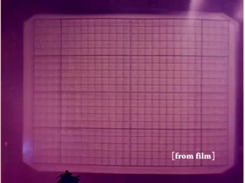 The still from the film 'Bell System - Preventing Data Transmission Errors' features a grid displayed on an oscilloscope screen. The overall image has a purplish hue, characteristic of film defects. The grid likely represents data points or signals relevant to the topic of preventing transmission errors, showcasing the technical nature of the film. Given its context in 1967, the image reflects an era focused on early computing and data transmission diagnostic techniques. The visible lab defect contributes to the historical authenticity of the footage.