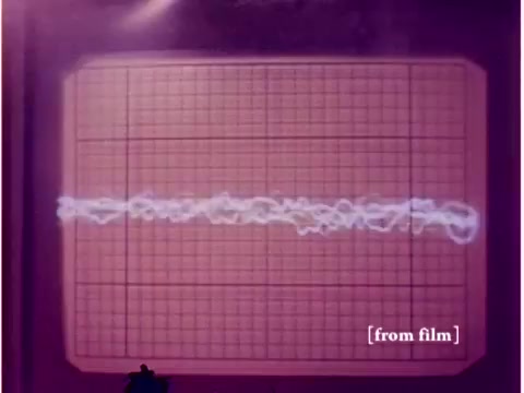 The still features an oscilloscope displaying a waveform, characterized by a wavy line that demonstrates data transmission fluctuations. The grid background provides a clear visual reference for the waveform's amplitude and frequency variations. The purple tint suggests a possible lab defect, adding an unusual aesthetic. This aligns with the film's focus on technology and data analysis in the context of preventing transmission errors. The scene likely emphasizes the importance of accurate data representation in electronic communications.