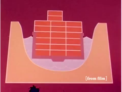 The still depicts a graphic illustration related to data transmission, likely showing a conceptual model of how information is processed or transmitted. The design features a rectangular grid structure set against a contrasting background, suggesting the flow of data. The color scheme includes shades of red and pink, with the overall design appearing simplistic and educational, typical of instructional materials from the late 1960s. This visual aligns with the film's focus on technology and methods for preventing data transmission errors.