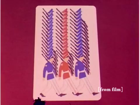 The still from 'Bell System - Preventing Data Transmission Errors' features a graphic illustration of soldiers in formation, depicted in a colorful, stylized manner with alternating colors. The background is a solid color, likely aiming to enhance the visual impact of the figures. This animation likely serves to illustrate a concept related to data transmission or communication protocols, paralleling the coordinated movements of soldiers to orderly data flow. The film, being a lab defect, may show artifacts like scratches or color distortions common in aged film stock.