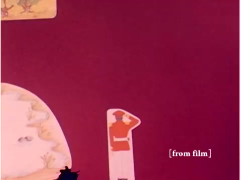 The still from the silent film 'Bell System - Preventing Data Transmission Errors' features a predominantly purple background with a graphic element, likely depicting a character saluting. The character is placed beside a stylized landscape, suggesting a theme related to communication or monitoring. The overall aesthetic is reminiscent of mid-20th century animation or educational films, typical for that era, especially in technology-focused segments.