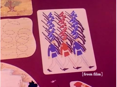 The still features a colorful illustration depicting soldiers in a stylized formation, with alternating blue and red uniforms. The background appears to be a smooth surface with softer shapes and colors, possibly representing a broader context or theme. The image is likely part of a visual explanation related to the film's theme of preventing data transmission errors, visually emphasizing order and organization, akin to data integrity. The film's silent nature suggests that the visual elements carry significant explanatory weight.