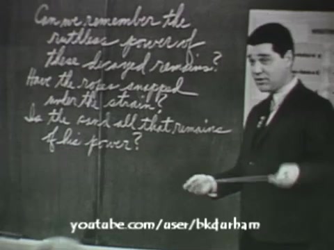 The still shows a classroom scene from the educational film '6th Grade Linguistics' (1966). A male instructor stands in front of a blackboard, gesturing with a pointer. The board features handwritten questions related to language, emphasizing the exploration of linguistic concepts. The overall aesthetic resembles a kinescope, contributing to its retro, educational feel.