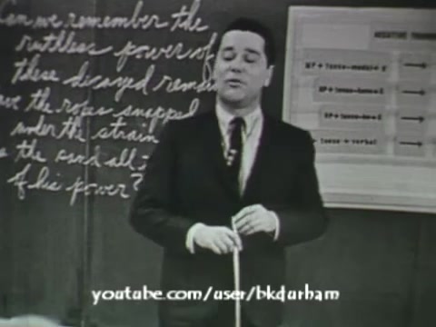 The still depicts a male educator in formal attire, standing in front of a classroom setting. He appears to be engaged in a lesson, holding a pointer and addressing the audience or students. Behind him, chalkboard writing is visible, along with a chart or diagram, which likely aids in the educational context. The overall aesthetic resembles that of a kinescope, characteristic of mid-20th century educational films.