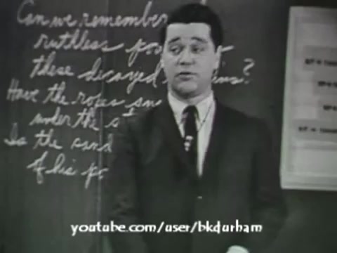 The still from '6th Grade Linguistics (1966)' depicts a male educator standing in front of a chalkboard filled with handwritten text. He is dressed in a suit and tie, suggesting a formal educational setting. The monochromatic aesthetic resembles a kinescope, enhancing the vintage feel. The chalkboard includes questions, indicating a focus on linguistic concepts, likely used to engage students in discussion. The overall atmosphere conveys a classic educational environment typical of the era.