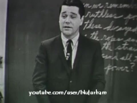 The still from '6th Grade Linguistics (1966)' features a male presenter in formal attire, standing in front of a chalkboard. The chalkboard is covered with handwritten text, possibly related to the lesson. The overall appearance has a vintage quality, reminiscent of kinescope recordings from that era, highlighting its educational context. The presenter appears engaged, likely addressing a classroom audience about linguistic concepts.