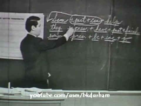 The still from '6th Grade Linguistics' (1966) depicts a teacher standing in front of a blackboard filled with linguistic examples and definitions. His left hand points to various terms and their relationships, while the board features structured annotations like 'verb,' 'subject,' and 'part of speech.' The film's monochrome quality and framing give it an old-school educational feel, reminiscent of kinescope recordings, emphasizing its historical context as a teaching aid. The setting suggests a classroom environment, reinforcing its educational purpose.