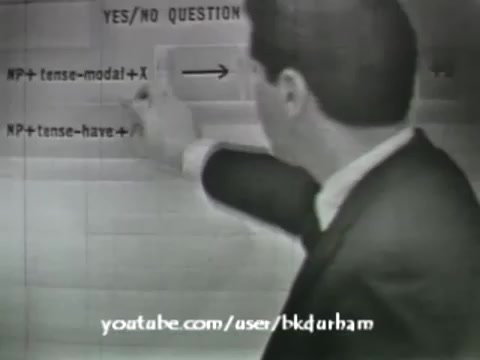 The still from '6th Grade Linguistics' features a male instructor pointing at a chart on a screen. The chart outlines a structure for forming yes/no questions, using notations like 'NP + tense-modal + X' and 'NP + tense-have +'. The monochrome quality suggests it was likely produced in the 1960s, resembling a kinescope format. The educational context is clear, focusing on linguistic principles for a younger audience.