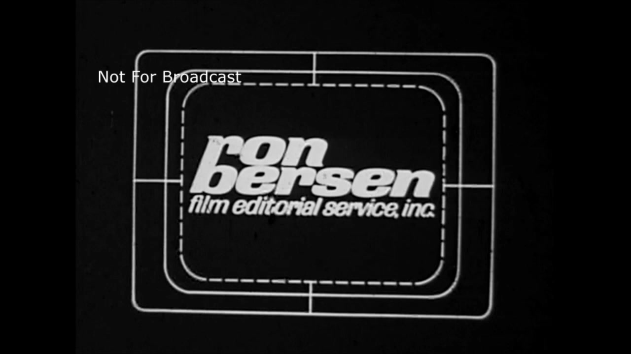 The still features a black background with the logo of 'ron bersen film editorial service, inc.' prominently displayed. The logo is in bold, stylized lettering, emphasizing the name 'ron bersen.' A dashed outline suggests a framing or focus area, typical of film editing cues. The text 'Not For Broadcast' is superimposed at the top, indicating that this frame is intended for internal use or review, not for public airing. The overall aesthetic reflects the design sensibilities of late 1960s commercial production.