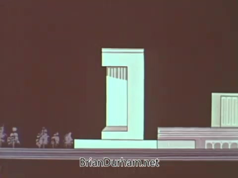 The 16mm still from the 'American Hospital Association PSA' depicts a stylized, minimalist graphic representation of a hospital building. The design features geometric shapes and lines, emphasizing architectural elements like columns and large windows. The color palette is simple, likely focusing on muted tones, reminiscent of the era's design sensibilities. Overall, it conveys a sense of modernity and functionality in healthcare architecture.