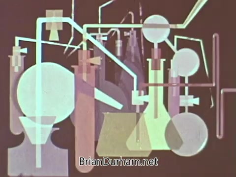The still features a stylized depiction of laboratory equipment, including flasks, tubes, and various geometric shapes. The design is abstract, utilizing pastel colors and simple forms, creating a visually engaging representation of medical or scientific themes associated with the American Hospital Association. The overall composition emphasizes the interconnectedness of healthcare processes.