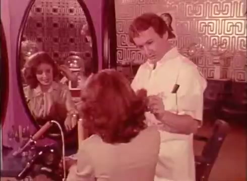 The still from the 'Telecheque' commercial features a salon setting with a hairstylist working on a woman's hair. Mirrors reflect both the stylist and another woman, who appears to be enjoying the process. The context revolves around a conversation about payment via check, highlighting the Telecheque service as a convenient option for checking the validity of checks before acceptance. The aesthetic has a retro feel typical of the 1980s, with stylish decor and fashion.