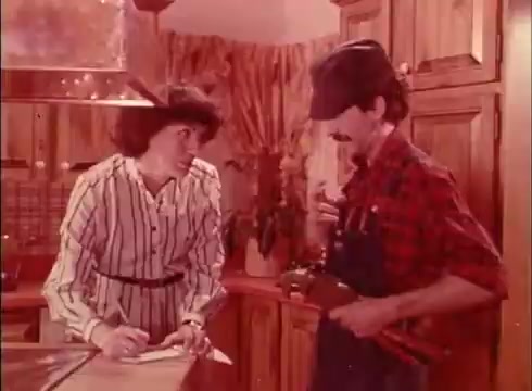 The still from the 'Telecheque' commercial features a woman in a striped white and black blouse writing something down, while a man in a checkered shirt and a cap stands nearby holding a wrench. The setting appears to be a wooden kitchen, suggesting a domestic environment. The dialogue reflects a conversation about the Telecheque service, highlighting its convenience for payment by cheque. The warm lighting enhances the casual, relatable theme of the commercial.